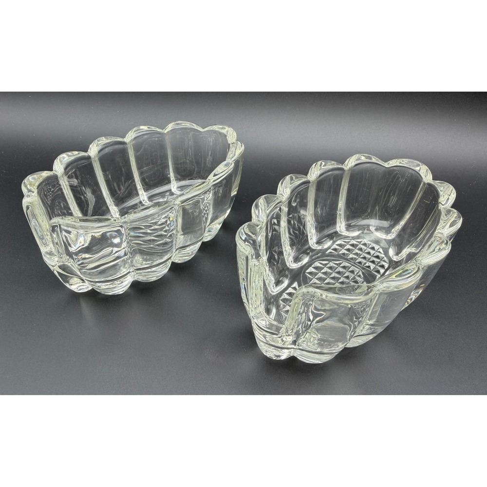 Vintage Clear Pressed Glass Scalloped Oval Candy Bowls Set of 2 Diamond Base